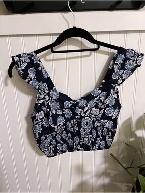 Navy Floral Smocked Crop Top with Wide Straps